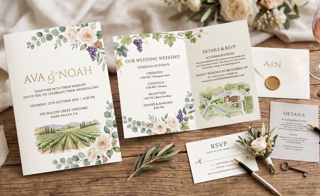 Ava and Noah wedding invitation suite