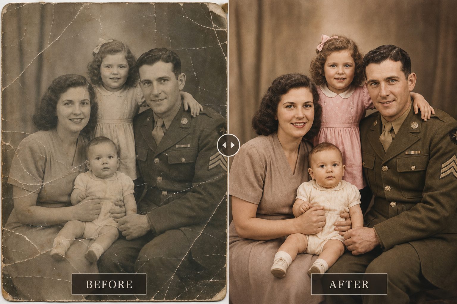 1940s family portrait restoration before and after
